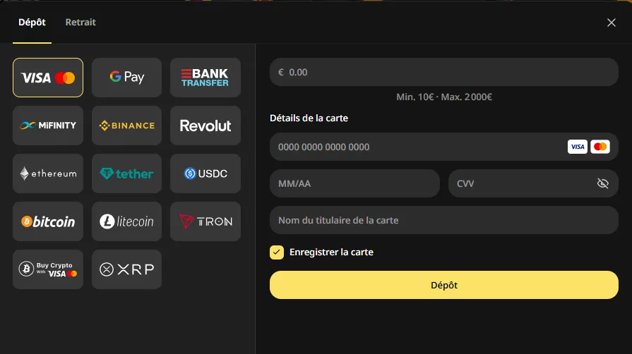 Caisse Donbet : page de dépôt avec les moyens de paiement