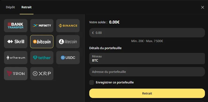 Page de retrait Donbet avec les options crypto dont Bitcoin