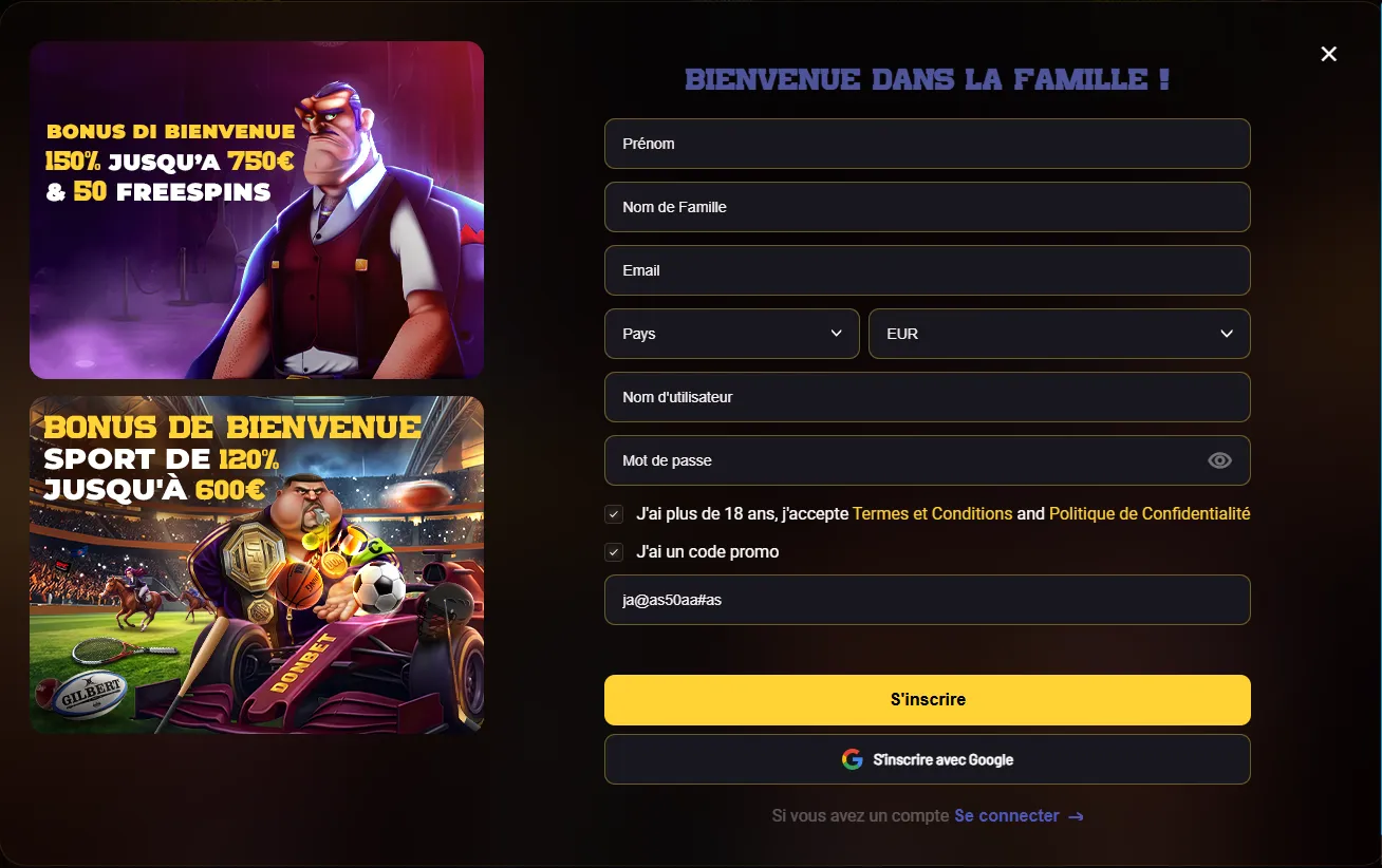 Formulaire d'inscription Donbet avec le code promo saisi